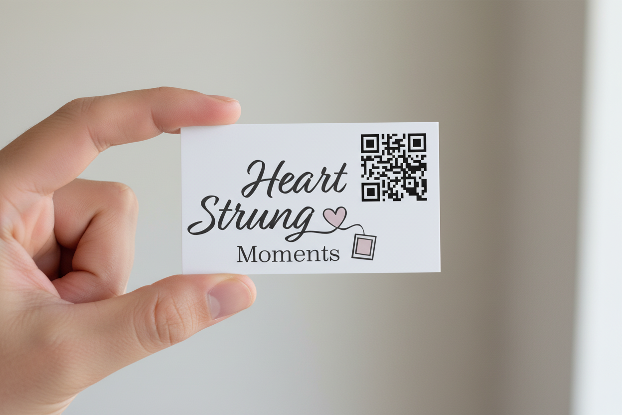 Hand holding a card with 'Heart Strung Moments' branding and QR code.