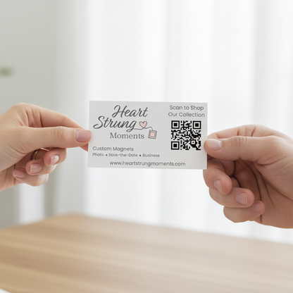 Promotional graphic for Heart Strung Moments custom magnets, featuring the brand name with a small pink heart and magnet illustration, a QR code, and text reading 'Scan to Shop Our Collection' and 'Custom Magnets Photo Save-the-Date Business'.