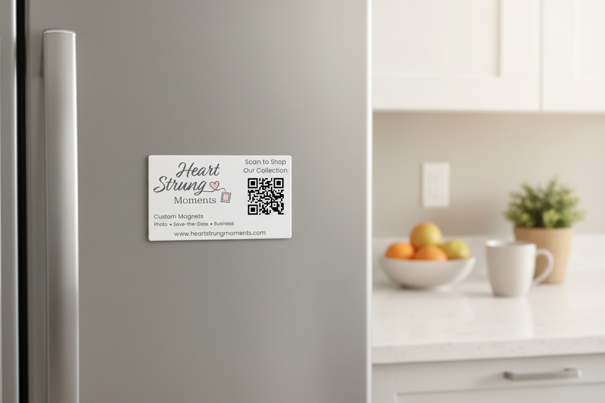 Promotional graphic for Heart Strung Moments custom magnets, featuring the brand name with a small pink heart and magnet illustration, a QR code, and text reading 'Scan to Shop Our Collection' and 'Custom Magnets Photo Save-the-Date Business'.