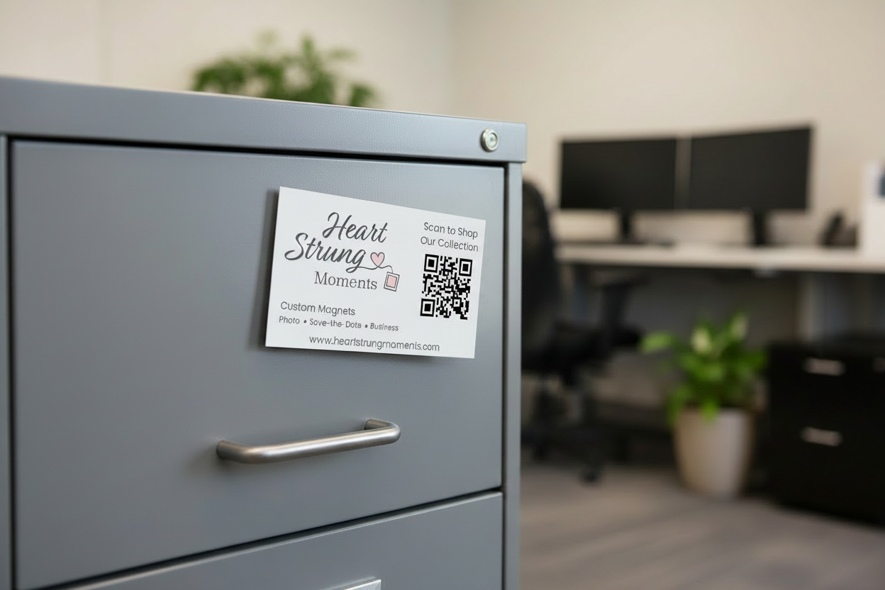 A close-up of a gray metal filing cabinet with a custom white business card magnet on the front drawer. The card reads 'Heart Strung Moments' and includes a QR code.