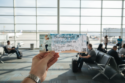 Wedding save the date designed like a boarding pass with a couple on a beach.