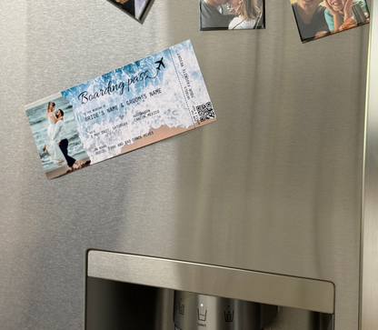 Save the date boarding pass magnet on a refrigerator