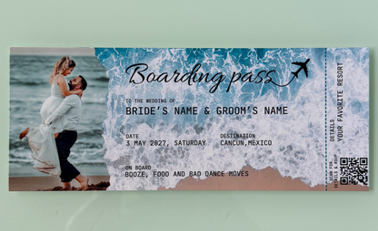 Boarding pass-style wedding save the date magnet with beach scene and text