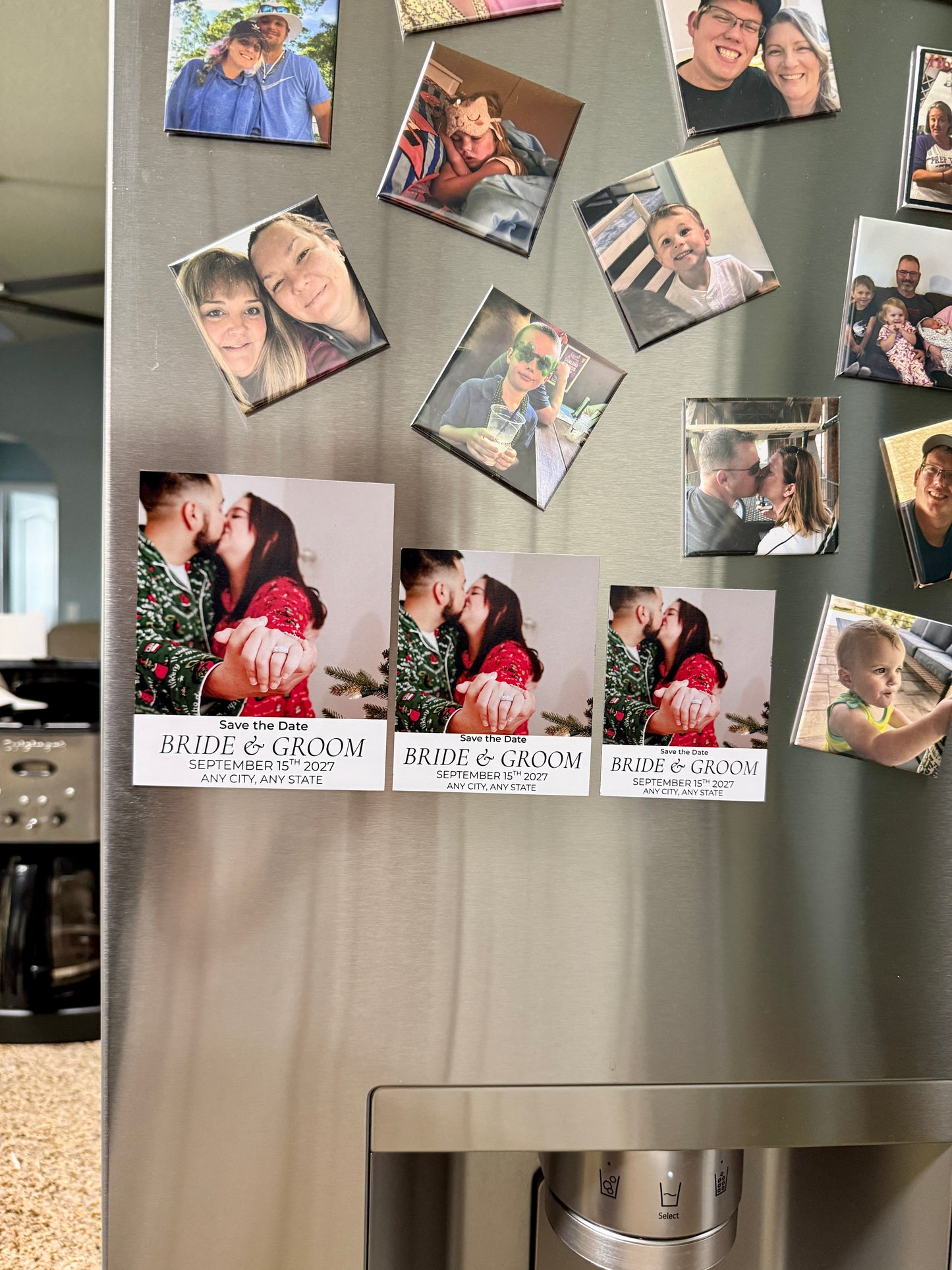 Fridge with wedding save-the-date magnets and family photos