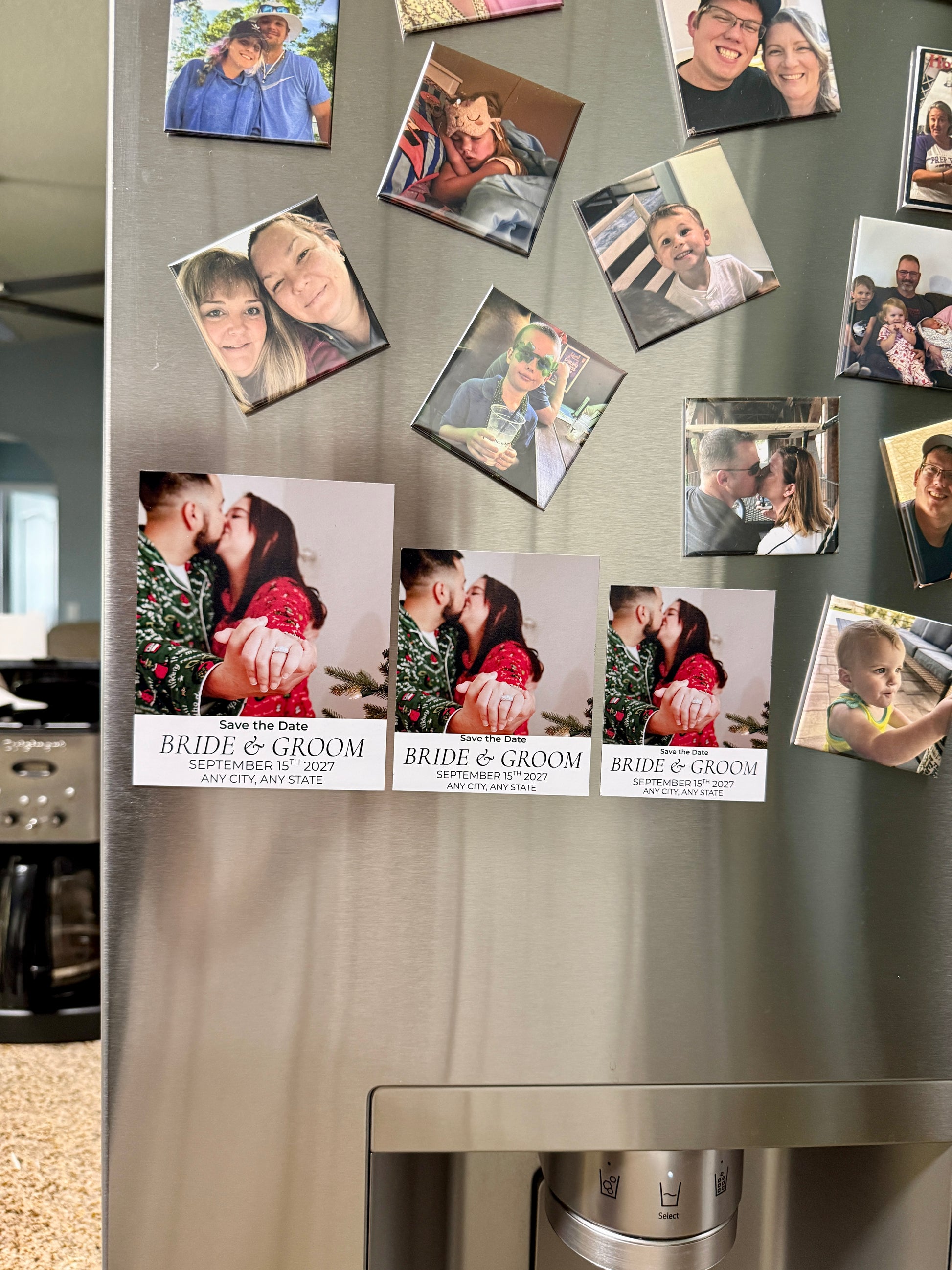 Fridge with wedding save-the-date magnets and family photos