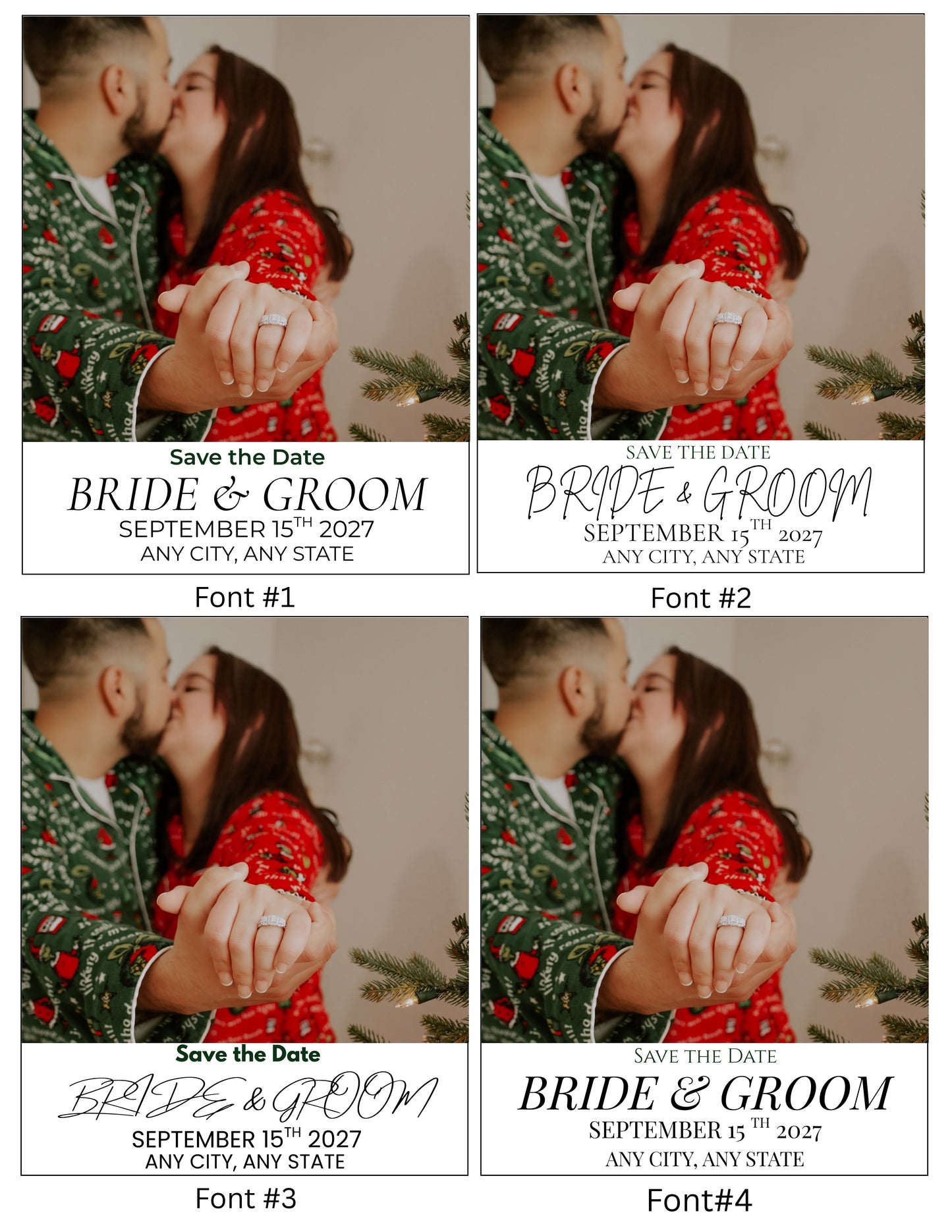 Four save the date magnets with different fonts.