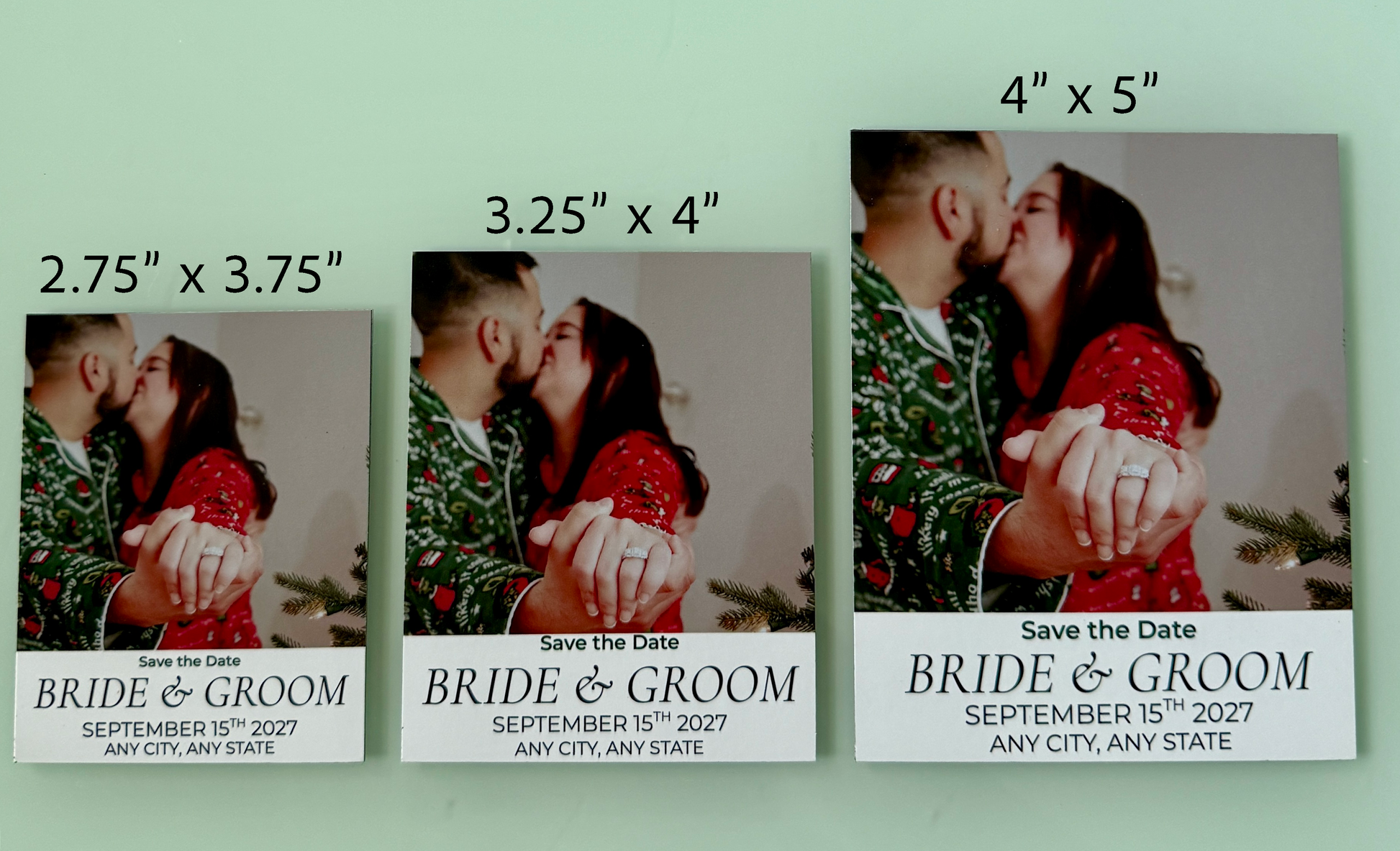 save the date wedding announcements showing dimensions of magnets.
