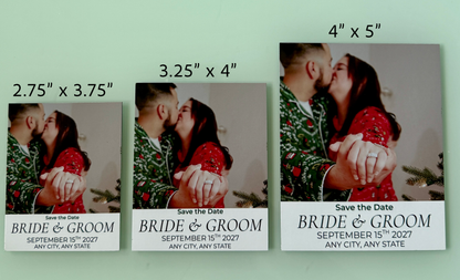 save the date wedding announcements showing dimensions of magnets.