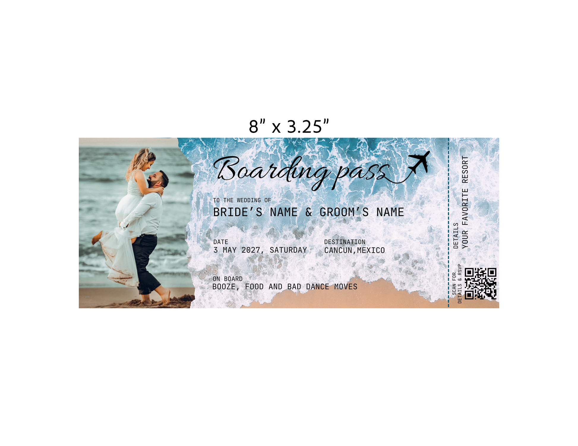 Boarding pass-style wedding save the date with magnet size 8 inches by 3.25 inches.