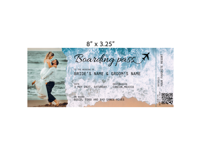 Boarding pass-style wedding save the date with magnet size 8 inches by 3.25 inches.